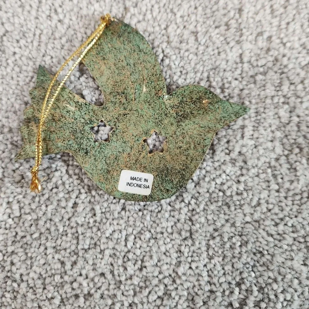 Metal Ornaments Green Gold Bird Star Rustic Verdigris Set of 2
